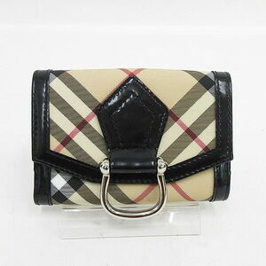 BURBERRY Check Double Hook Bifold Wallet Beige Black
